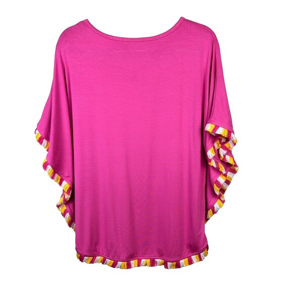 Trina Turk Delfino Fringed Tunic Poncho Top Boho Resort Shirt Vibrant Pink M / L - Picture 6 of 12